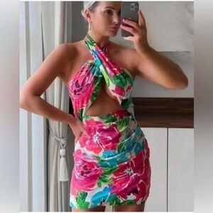 NWT Zara Floral Halter Crossover Dress Medium M